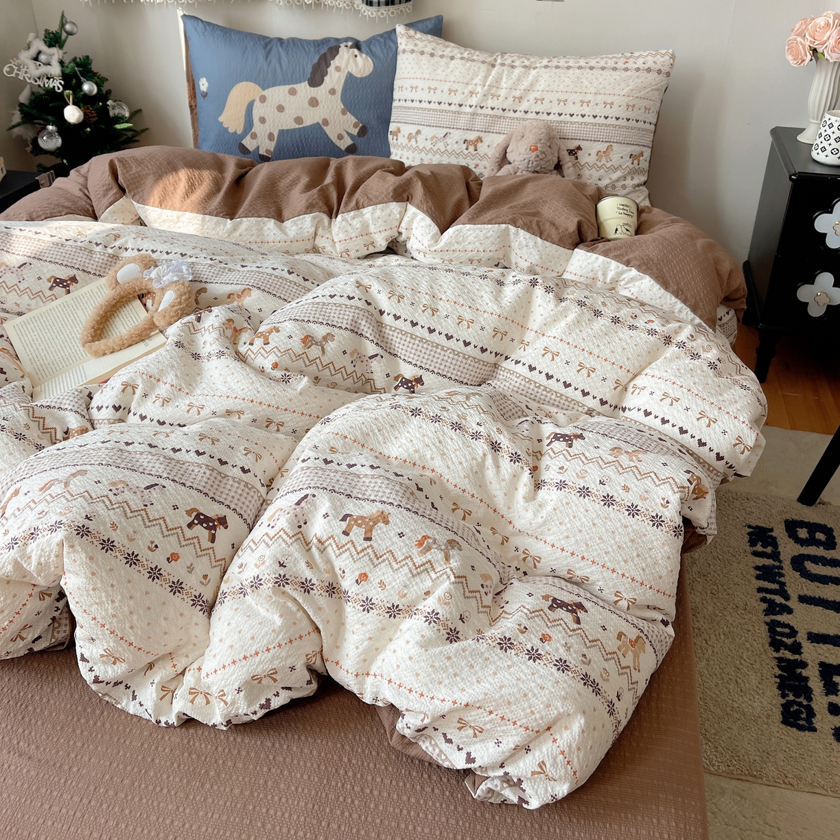 91家纺网 家纺一手货源 找家纺 （总）顾里家纺 2026新款韩风费尔岛系大版皱皱纱四件套【会员-2元 定制床笠+8元（小四件不做床笠）】