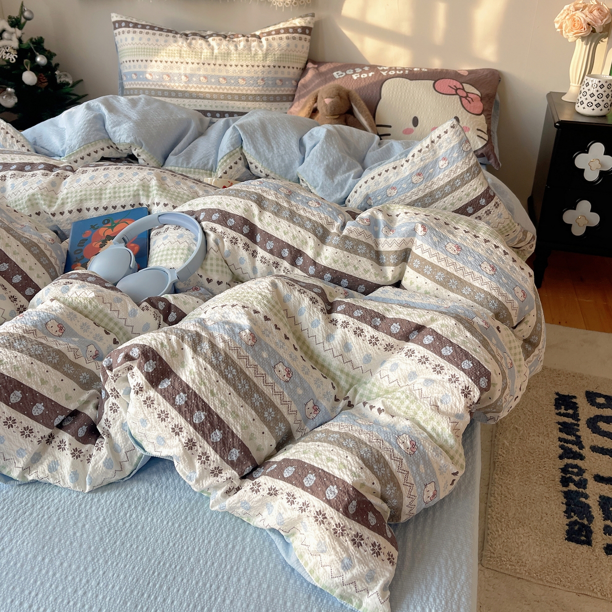 91家纺网 家纺一手货源 找家纺 （总）顾里家纺 2026新款韩风费尔岛系大版皱皱纱四件套【会员-2元 定制床笠+8元（小四件不做床笠）】