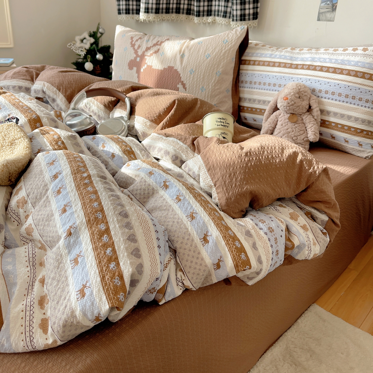 91家纺网 家纺一手货源 找家纺 顾里家纺 2026新款韩风费尔岛系大版皱皱纱四件套【会员-2元 定制床笠+8元（小四件不做床笠）】 爱心麋鹿