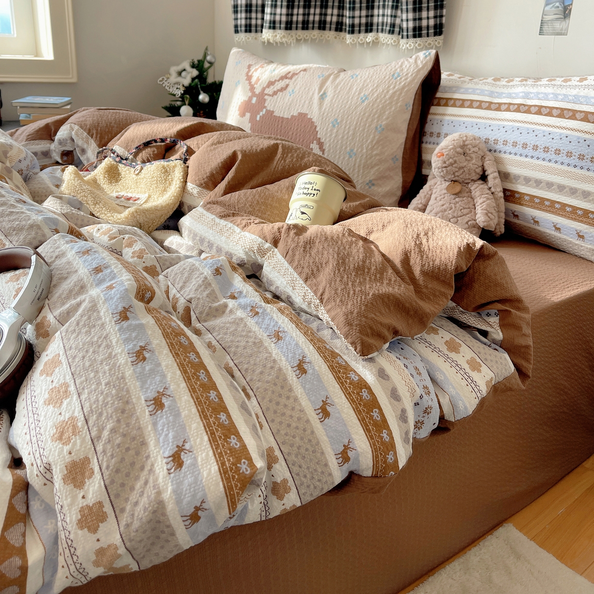 91家纺网 家纺一手货源 找家纺 顾里家纺 2026新款韩风费尔岛系大版皱皱纱四件套【会员-2元 定制床笠+8元（小四件不做床笠）】 爱心麋鹿