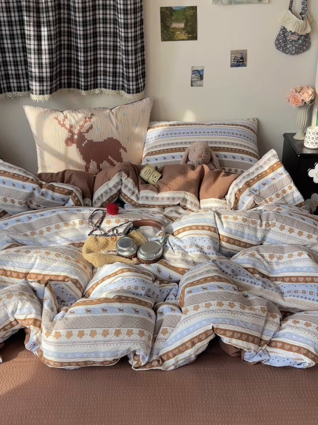 91家纺网 家纺一手货源 找家纺 顾里家纺 2026新款韩风费尔岛系大版皱皱纱四件套【会员-2元 定制床笠+8元（小四件不做床笠）】 爱心麋鹿