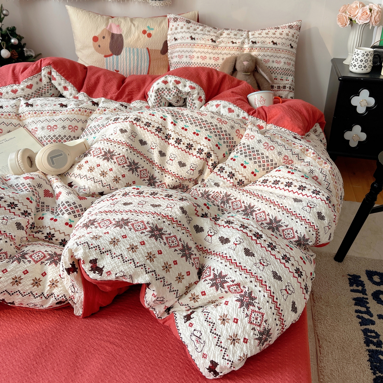 顾里家纺 2026新款韩风费尔岛系大版皱皱纱四件套【会员-2元 定制床笠+8元（小四件不做床笠）】 费尔岛狗狗