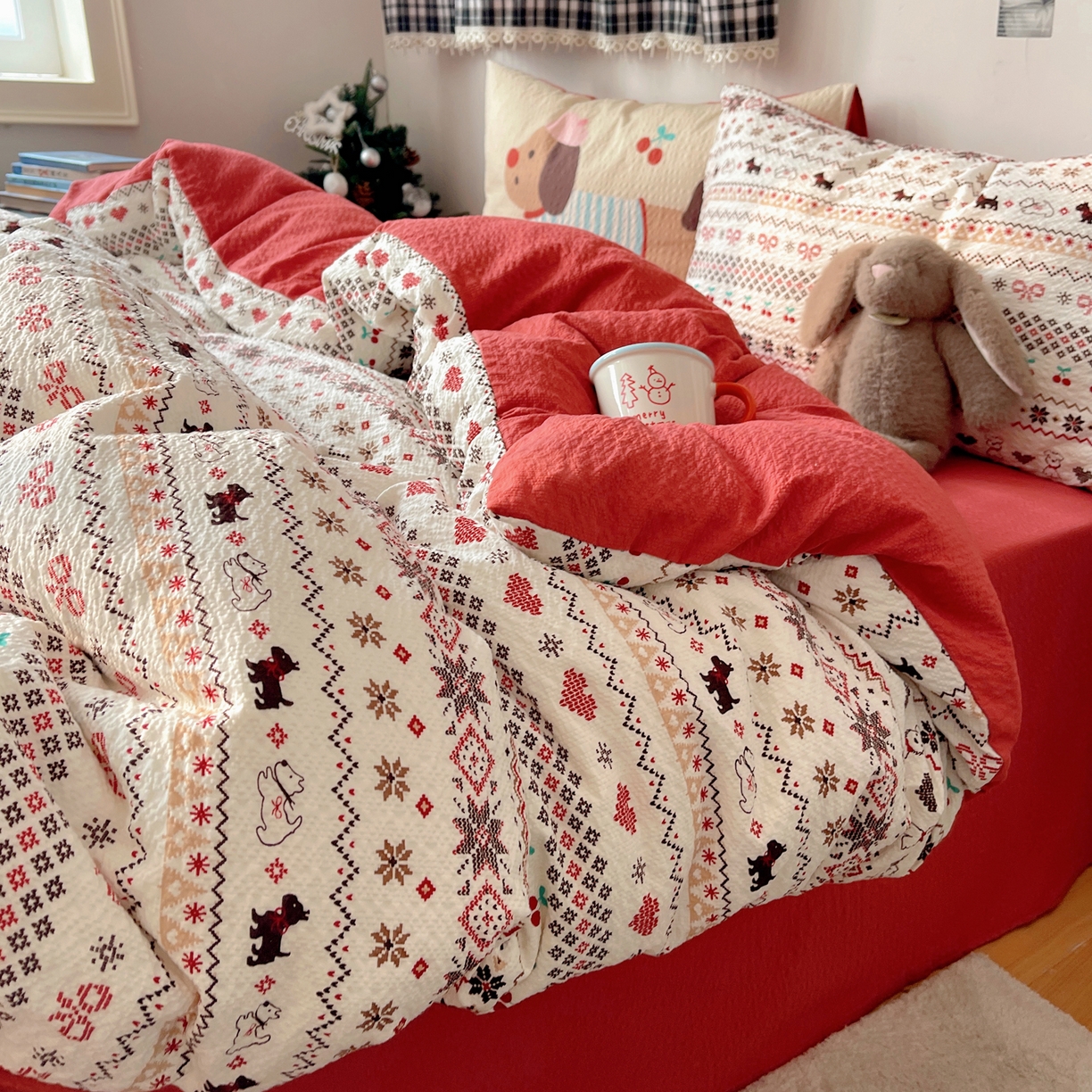 91家纺网 家纺一手货源 找家纺 顾里家纺 2026新款韩风费尔岛系大版皱皱纱四件套【会员-2元 定制床笠+8元（小四件不做床笠）】 费尔岛狗狗