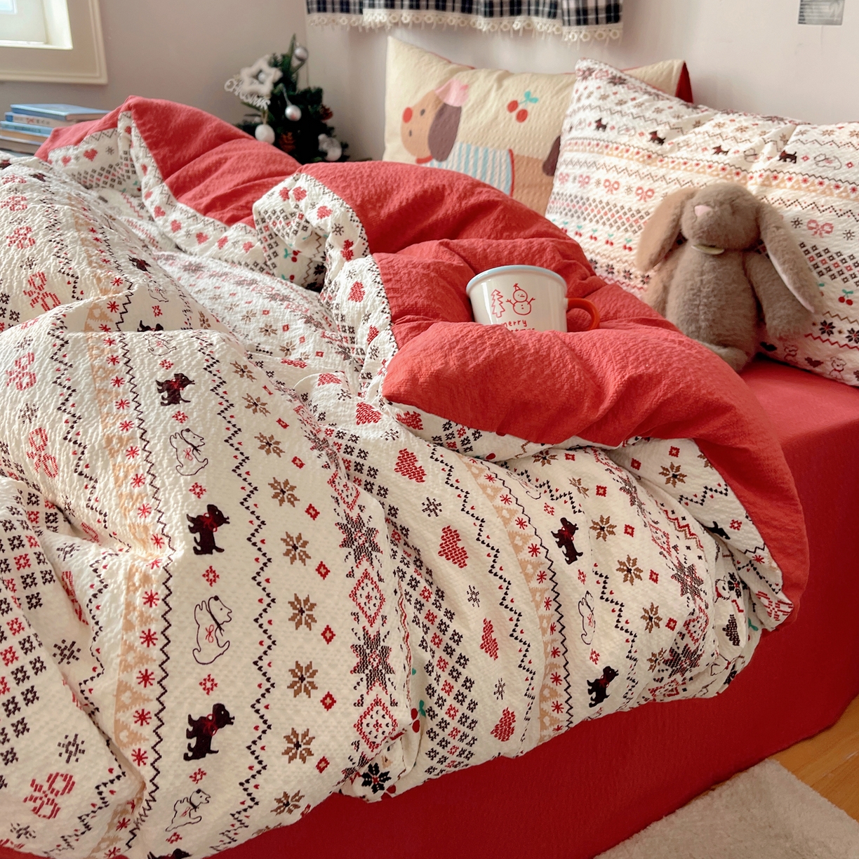 91家纺网 家纺一手货源 找家纺 顾里家纺 2026新款韩风费尔岛系大版皱皱纱四件套【会员-2元 定制床笠+8元（小四件不做床笠）】 费尔岛狗狗