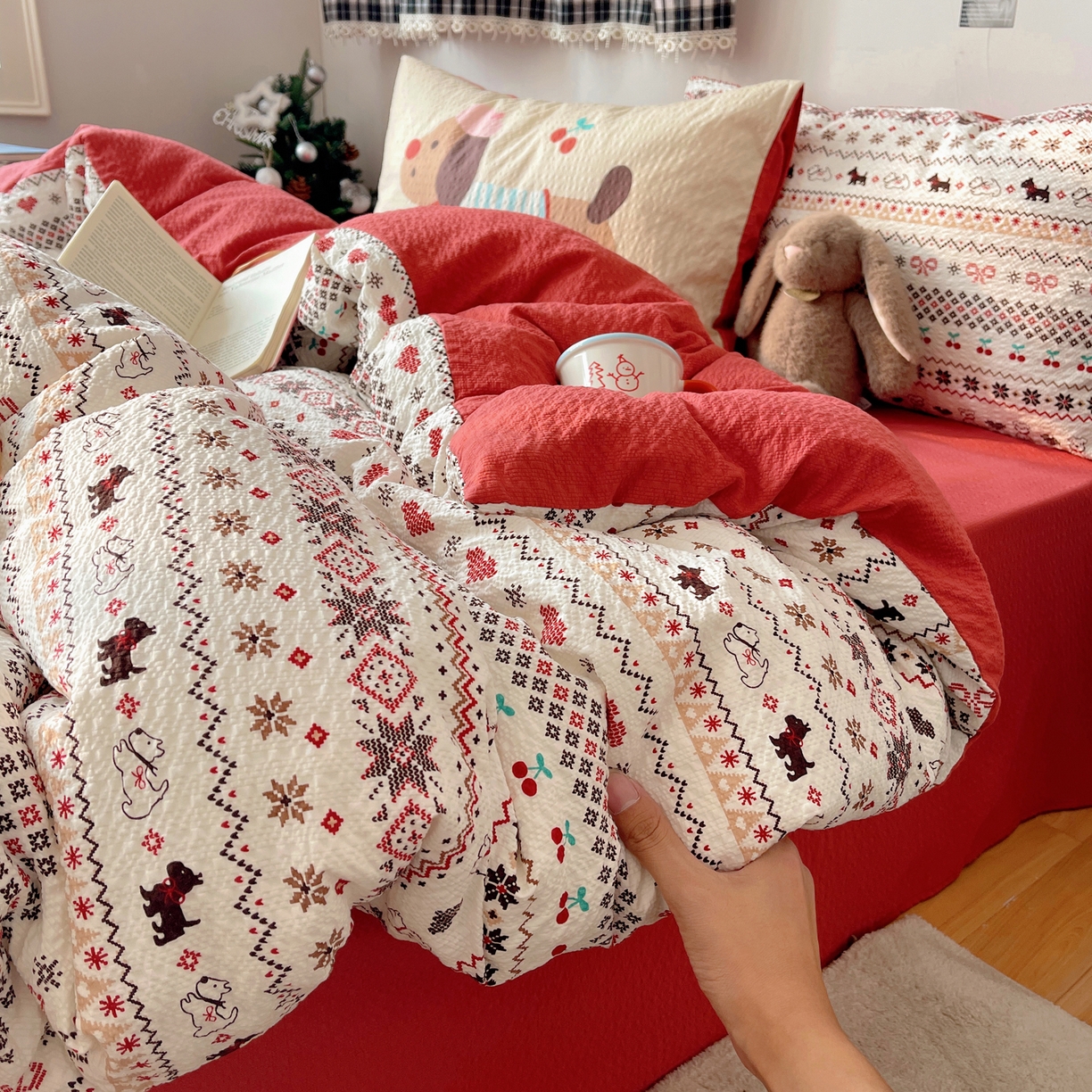 91家纺网 家纺一手货源 找家纺 顾里家纺 2026新款韩风费尔岛系大版皱皱纱四件套【会员-2元 定制床笠+8元（小四件不做床笠）】 费尔岛狗狗