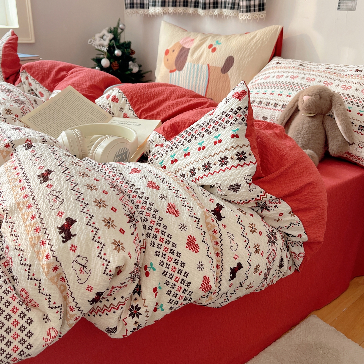 91家纺网 家纺一手货源 找家纺 顾里家纺 2026新款韩风费尔岛系大版皱皱纱四件套【会员-2元 定制床笠+8元（小四件不做床笠）】 费尔岛狗狗