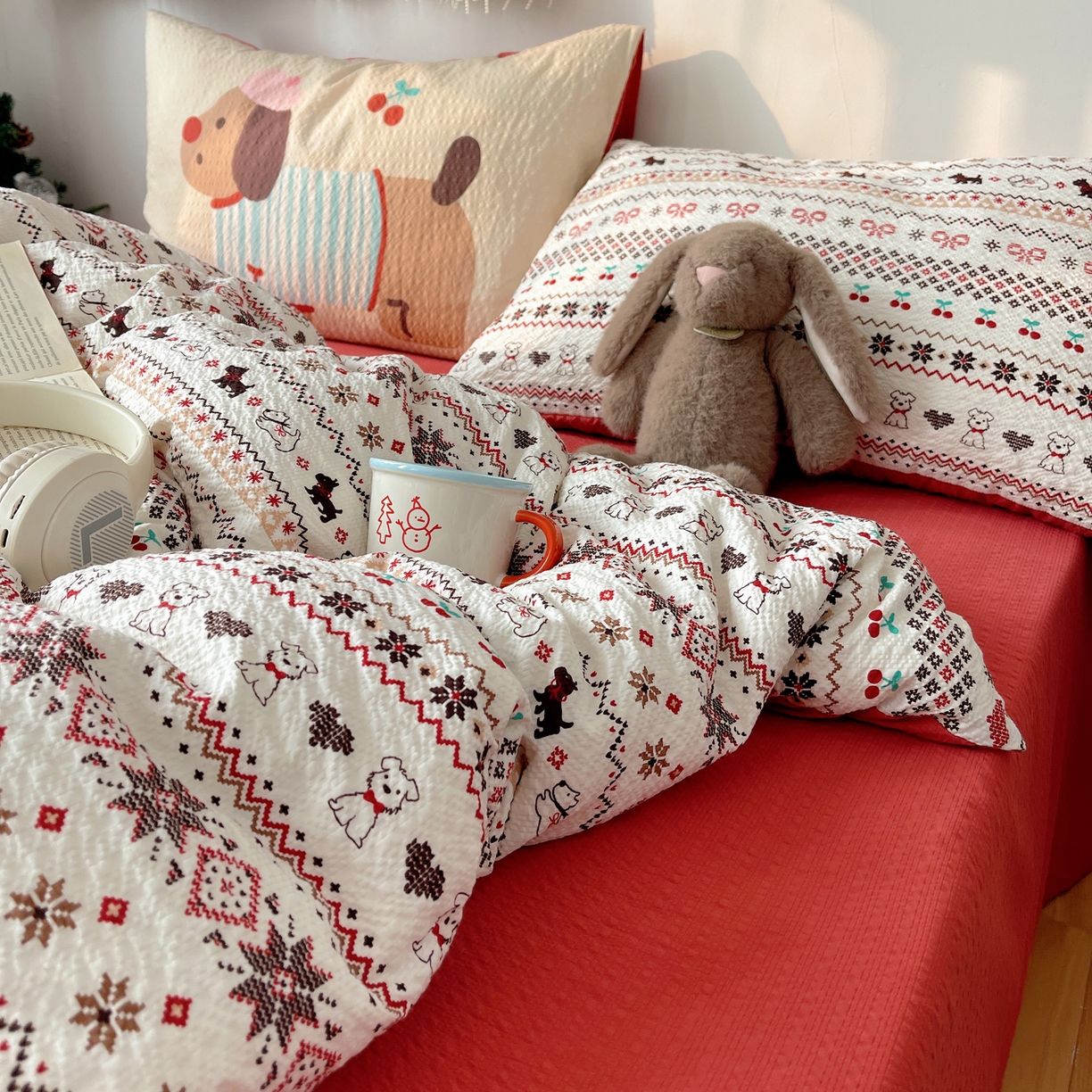 91家纺网 家纺一手货源 找家纺 顾里家纺 2026新款韩风费尔岛系大版皱皱纱四件套【会员-2元 定制床笠+8元（小四件不做床笠）】 费尔岛狗狗