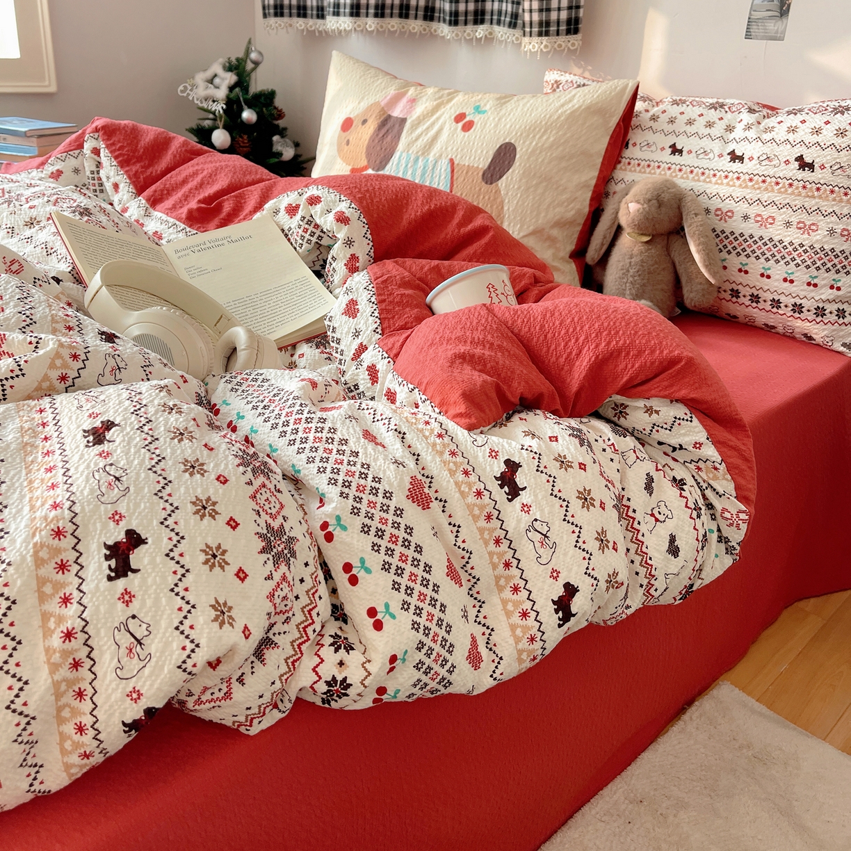 91家纺网 家纺一手货源 找家纺 顾里家纺 2026新款韩风费尔岛系大版皱皱纱四件套【会员-2元 定制床笠+8元（小四件不做床笠）】 费尔岛狗狗