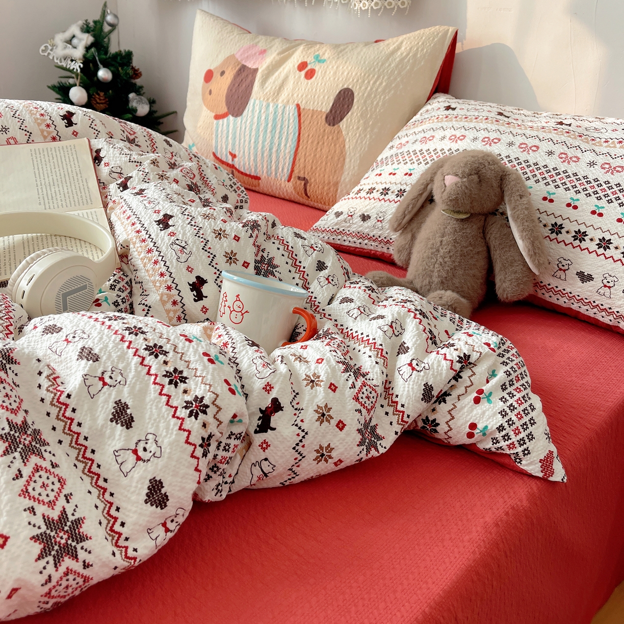 91家纺网 家纺一手货源 找家纺 顾里家纺 2026新款韩风费尔岛系大版皱皱纱四件套【会员-2元 定制床笠+8元（小四件不做床笠）】 费尔岛狗狗