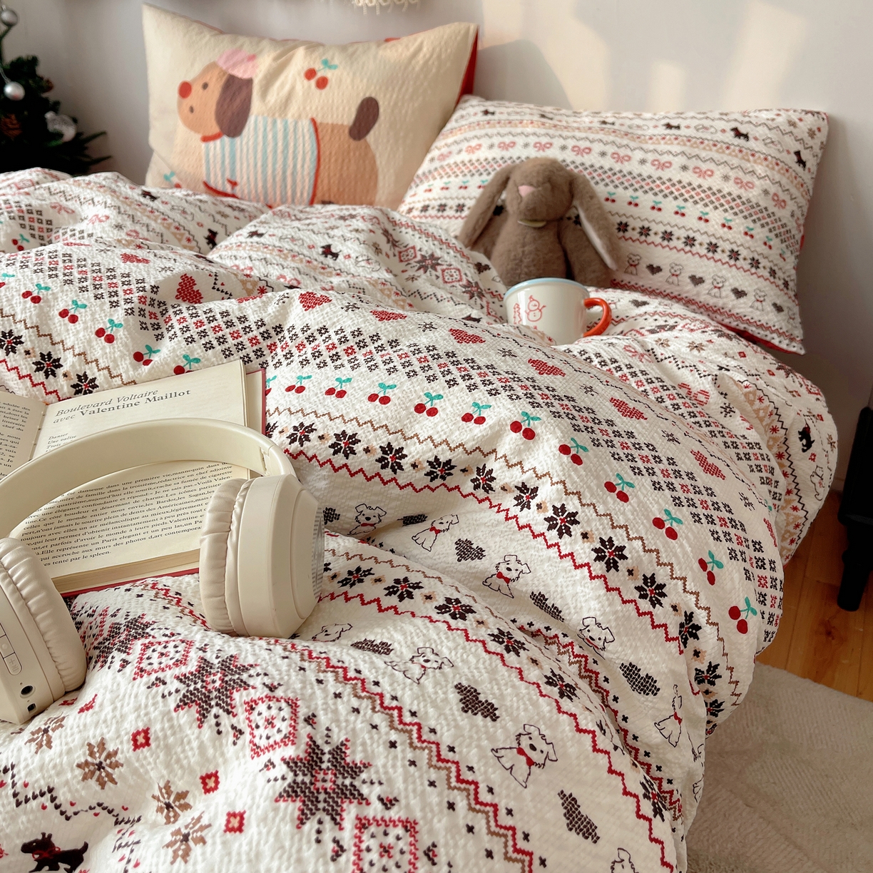 91家纺网 家纺一手货源 找家纺 顾里家纺 2026新款韩风费尔岛系大版皱皱纱四件套【会员-2元 定制床笠+8元（小四件不做床笠）】 费尔岛狗狗