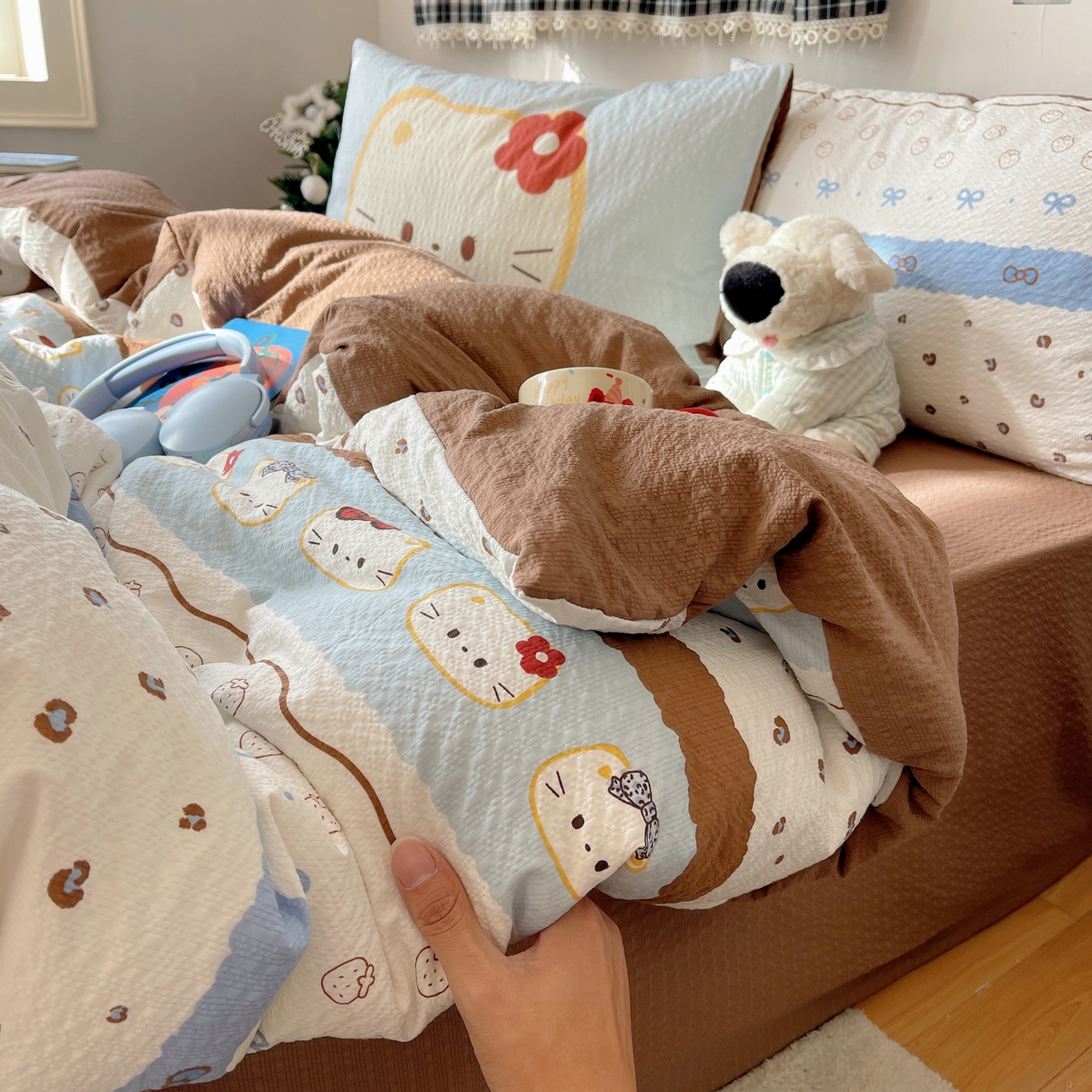 91家纺网 家纺一手货源 找家纺 顾里家纺 2026新款韩风费尔岛系大版皱皱纱四件套【会员-2元 定制床笠+8元（小四件不做床笠）】 费尔岛猫猫