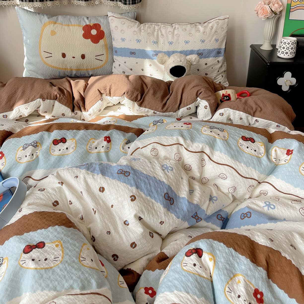 91家纺网 家纺一手货源 找家纺 顾里家纺 2026新款韩风费尔岛系大版皱皱纱四件套【会员-2元 定制床笠+8元（小四件不做床笠）】 费尔岛猫猫