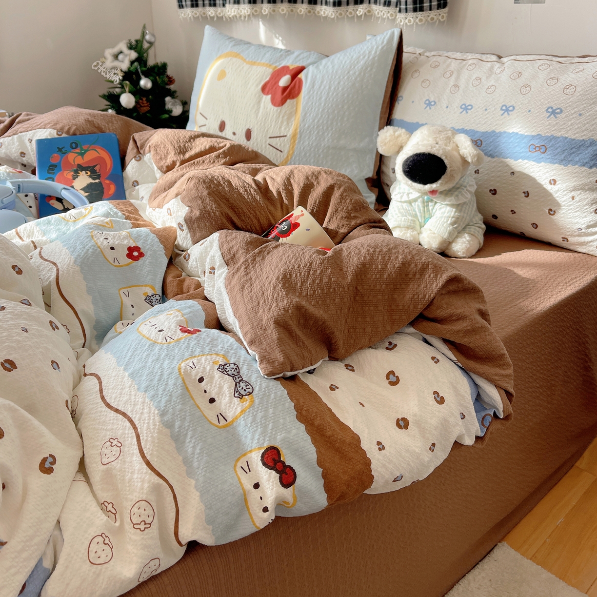 91家纺网 家纺一手货源 找家纺 顾里家纺 2026新款韩风费尔岛系大版皱皱纱四件套【会员-2元 定制床笠+8元（小四件不做床笠）】 费尔岛猫猫