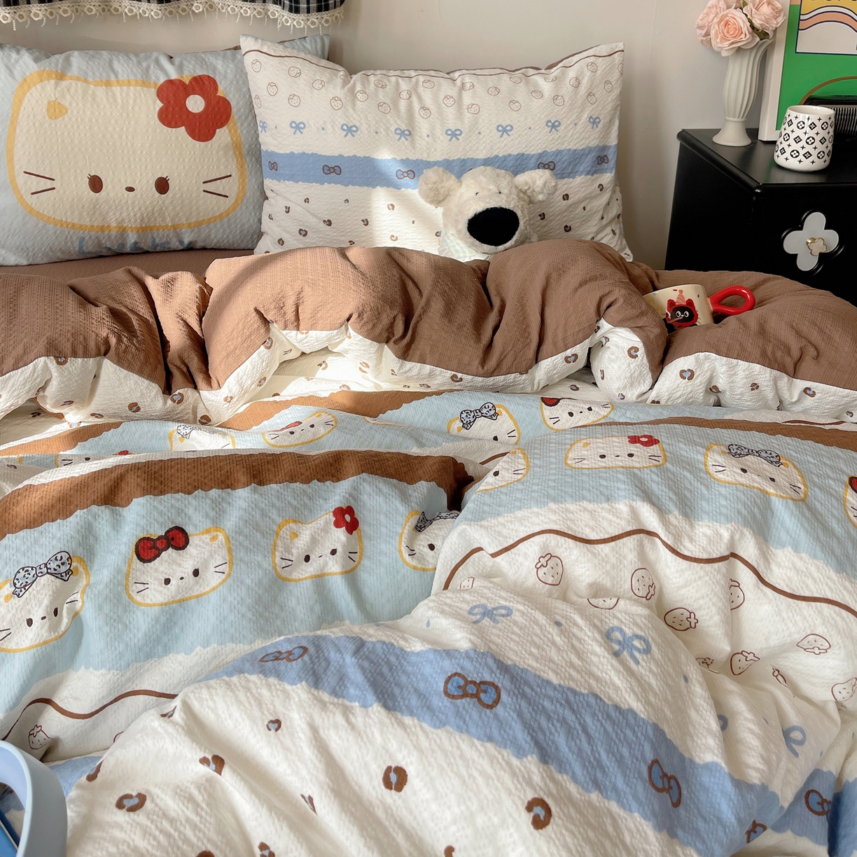 91家纺网 家纺一手货源 找家纺 顾里家纺 2026新款韩风费尔岛系大版皱皱纱四件套【会员-2元 定制床笠+8元（小四件不做床笠）】 费尔岛猫猫