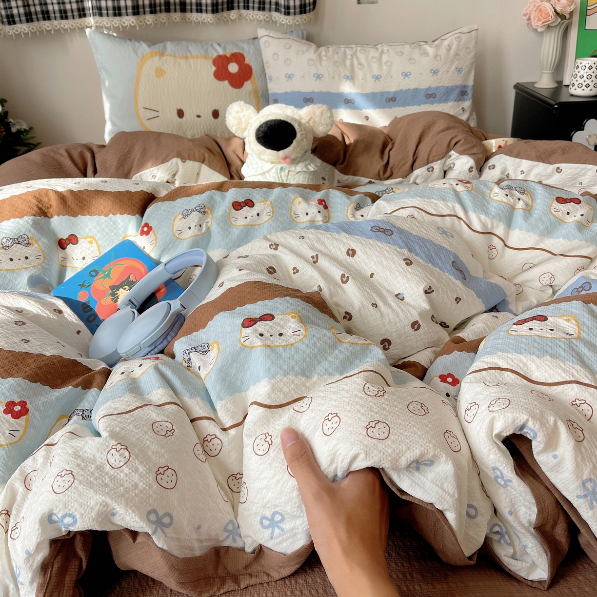 91家纺网 家纺一手货源 找家纺 顾里家纺 2026新款韩风费尔岛系大版皱皱纱四件套【会员-2元 定制床笠+8元（小四件不做床笠）】 费尔岛猫猫