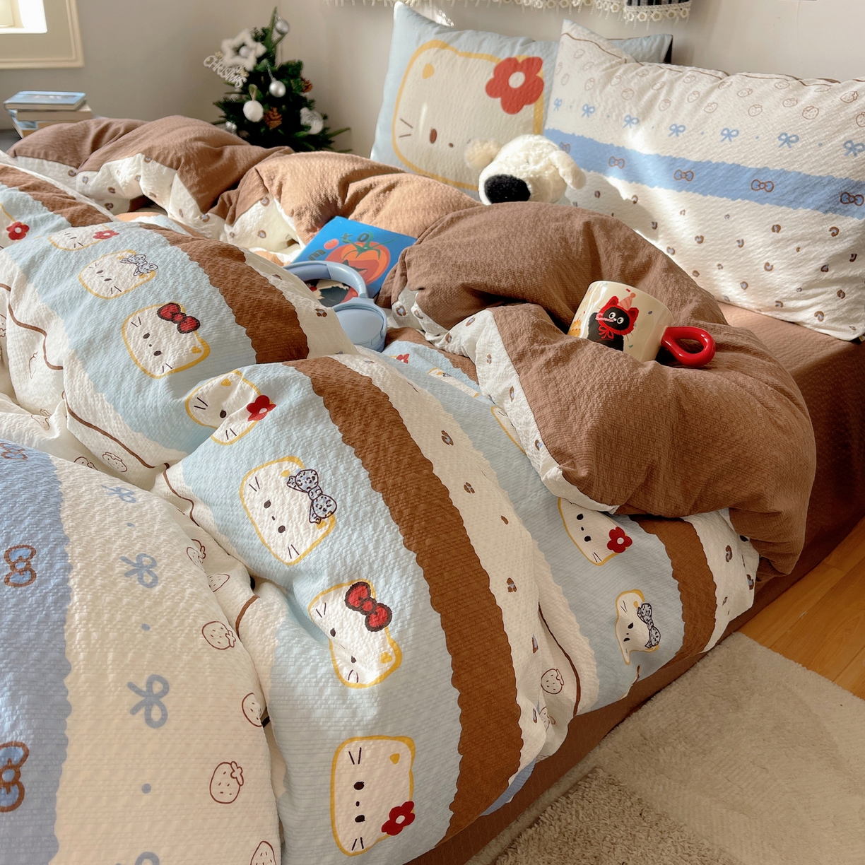 91家纺网 家纺一手货源 找家纺 顾里家纺 2026新款韩风费尔岛系大版皱皱纱四件套【会员-2元 定制床笠+8元（小四件不做床笠）】 费尔岛猫猫