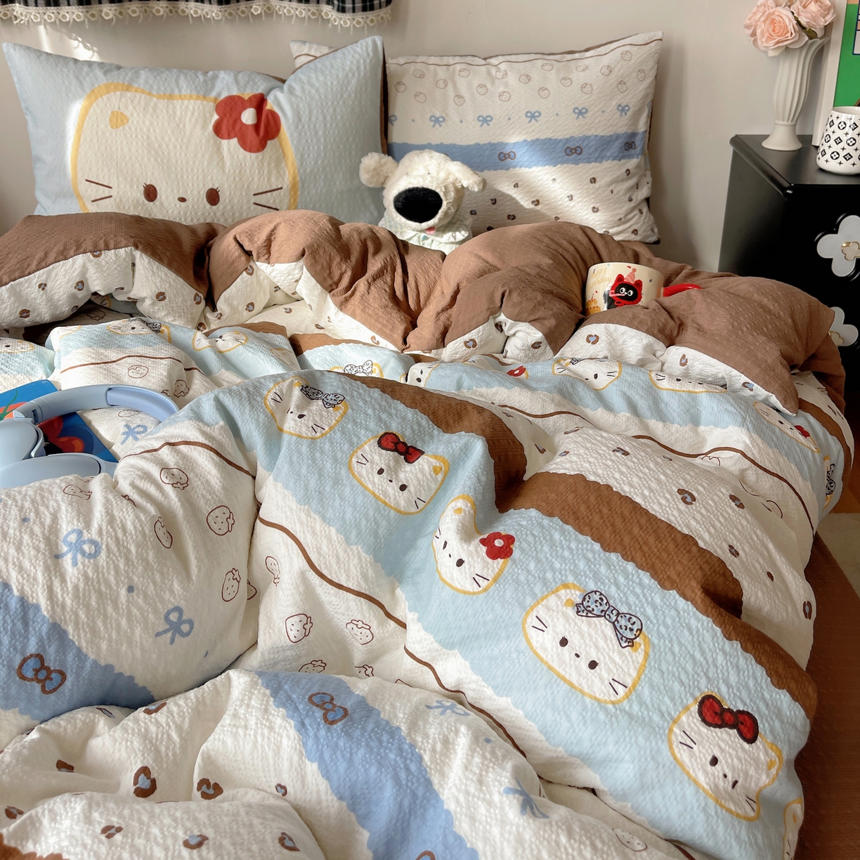 91家纺网 家纺一手货源 找家纺 顾里家纺 2026新款韩风费尔岛系大版皱皱纱四件套【会员-2元 定制床笠+8元（小四件不做床笠）】 费尔岛猫猫