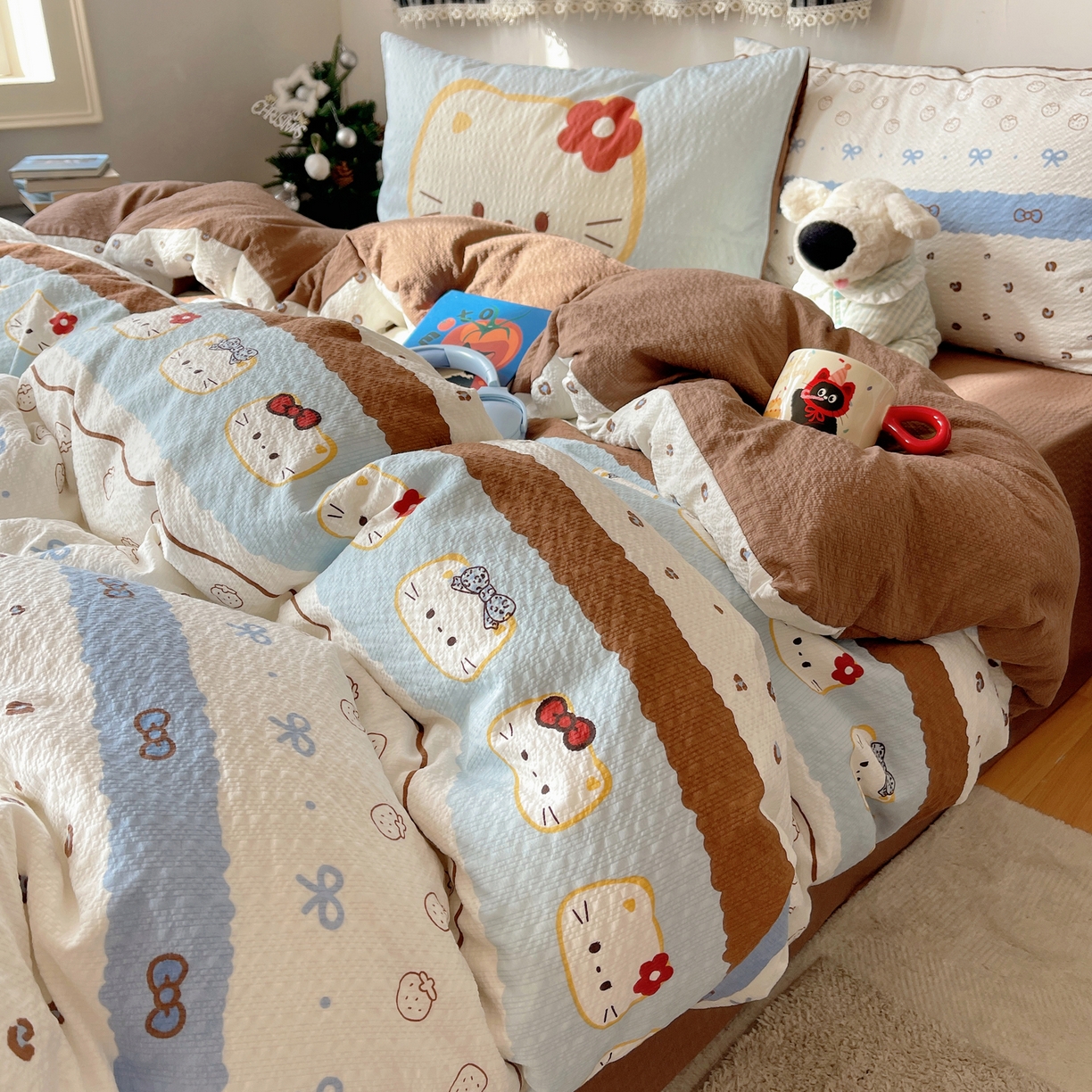 91家纺网 家纺一手货源 找家纺 顾里家纺 2026新款韩风费尔岛系大版皱皱纱四件套【会员-2元 定制床笠+8元（小四件不做床笠）】 费尔岛猫猫