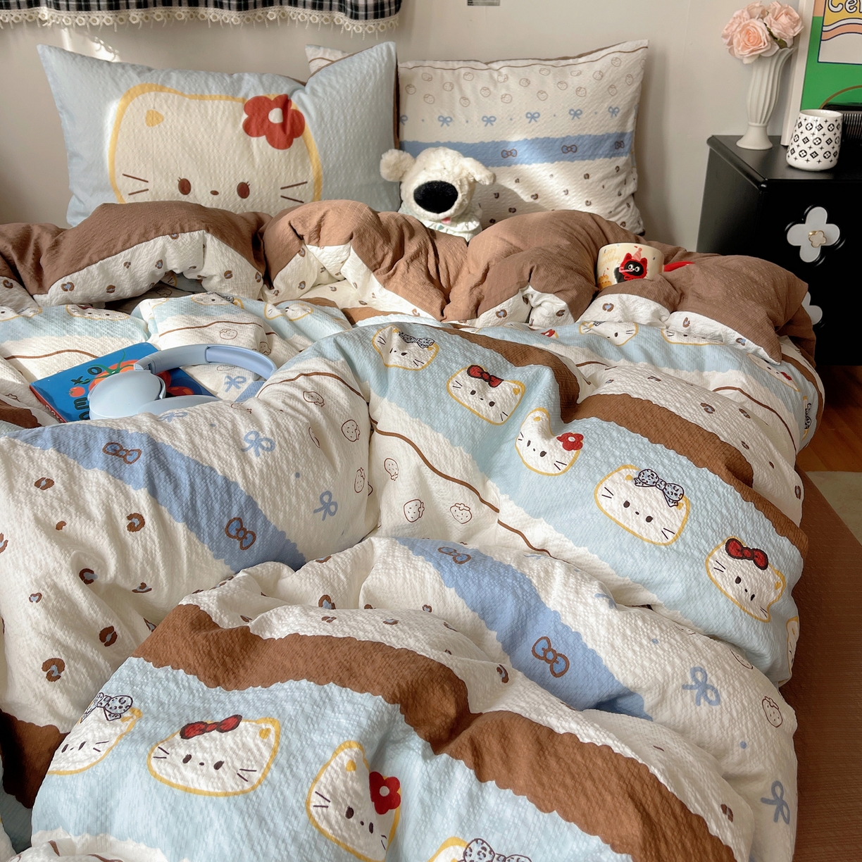 91家纺网 家纺一手货源 找家纺 顾里家纺 2026新款韩风费尔岛系大版皱皱纱四件套【会员-2元 定制床笠+8元（小四件不做床笠）】 费尔岛猫猫