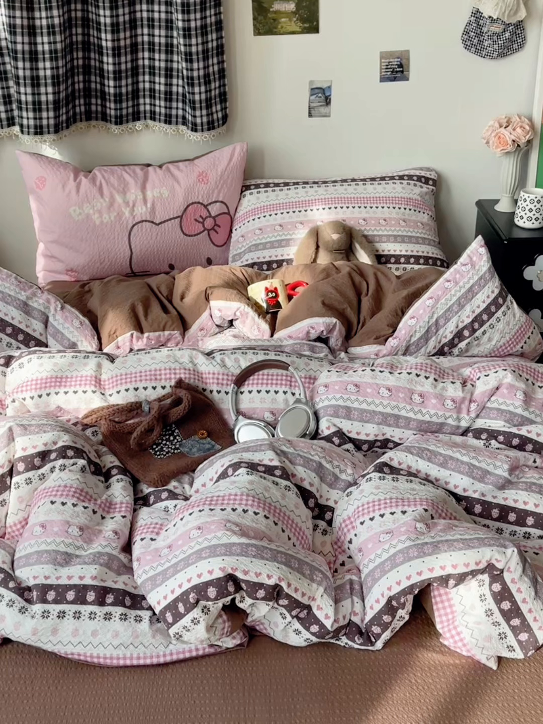 91家纺网 家纺一手货源 找家纺 顾里家纺 2026新款韩风费尔岛系大版皱皱纱四件套【会员-2元 定制床笠+8元（小四件不做床笠）】 粉爱心猫猫