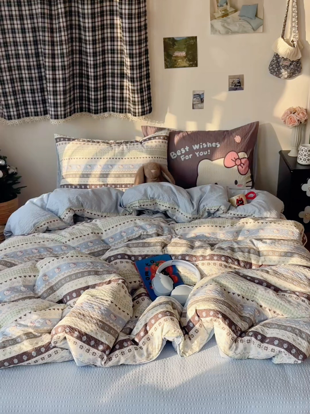 91家纺网 家纺一手货源 找家纺 顾里家纺 2026新款韩风费尔岛系大版皱皱纱四件套【会员-2元 定制床笠+8元（小四件不做床笠）】 蓝爱心猫猫