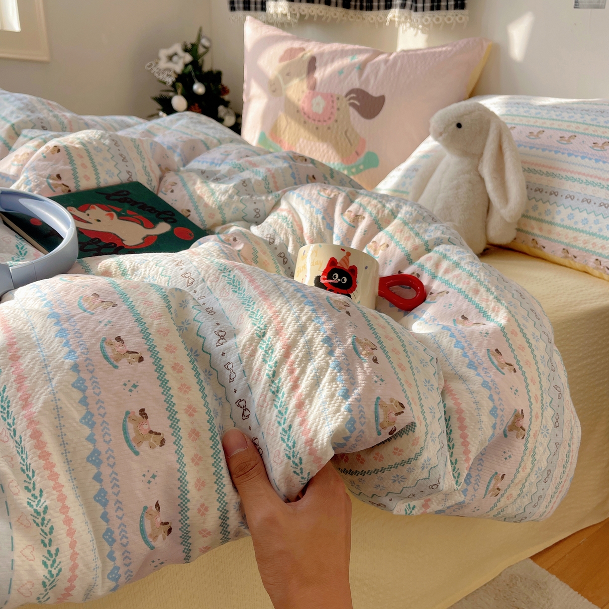 91家纺网 家纺一手货源 找家纺 顾里家纺 2026新款韩风费尔岛系大版皱皱纱四件套【会员-2元 定制床笠+8元（小四件不做床笠）】 少女小马