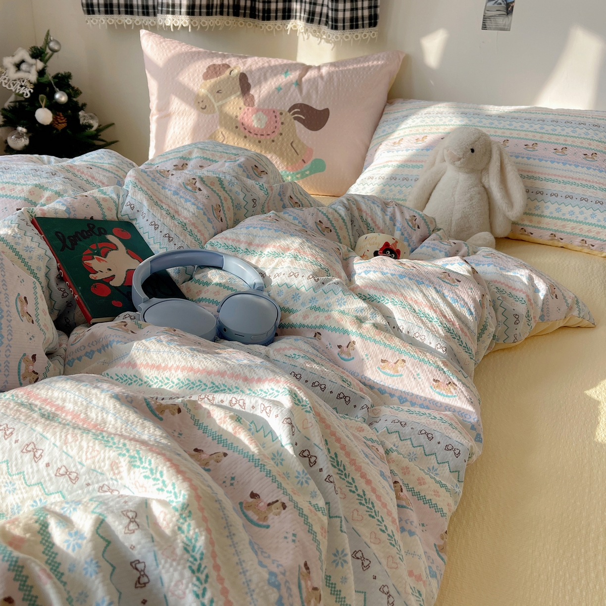 91家纺网 家纺一手货源 找家纺 顾里家纺 2026新款韩风费尔岛系大版皱皱纱四件套【会员-2元 定制床笠+8元（小四件不做床笠）】 少女小马