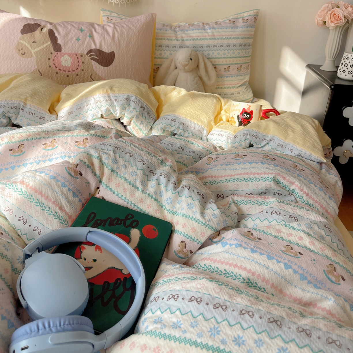 91家纺网 家纺一手货源 找家纺 顾里家纺 2026新款韩风费尔岛系大版皱皱纱四件套【会员-2元 定制床笠+8元（小四件不做床笠）】 少女小马