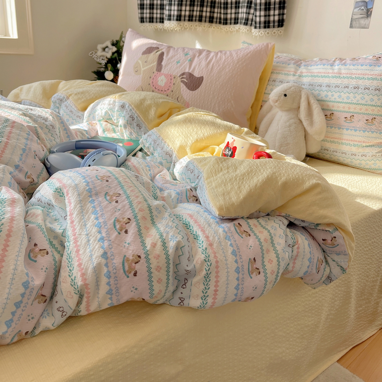 91家纺网 家纺一手货源 找家纺 顾里家纺 2026新款韩风费尔岛系大版皱皱纱四件套【会员-2元 定制床笠+8元（小四件不做床笠）】 少女小马