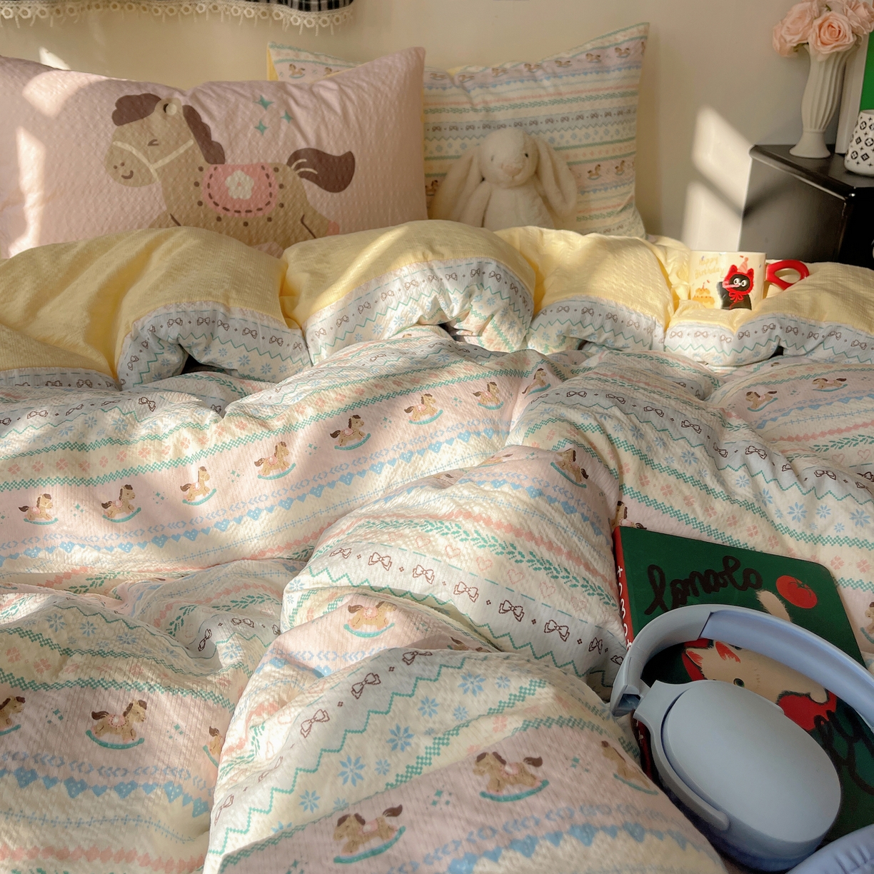 91家纺网 家纺一手货源 找家纺 顾里家纺 2026新款韩风费尔岛系大版皱皱纱四件套【会员-2元 定制床笠+8元（小四件不做床笠）】 少女小马