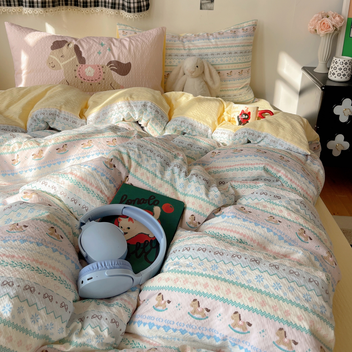 91家纺网 家纺一手货源 找家纺 顾里家纺 2026新款韩风费尔岛系大版皱皱纱四件套【会员-2元 定制床笠+8元（小四件不做床笠）】 少女小马