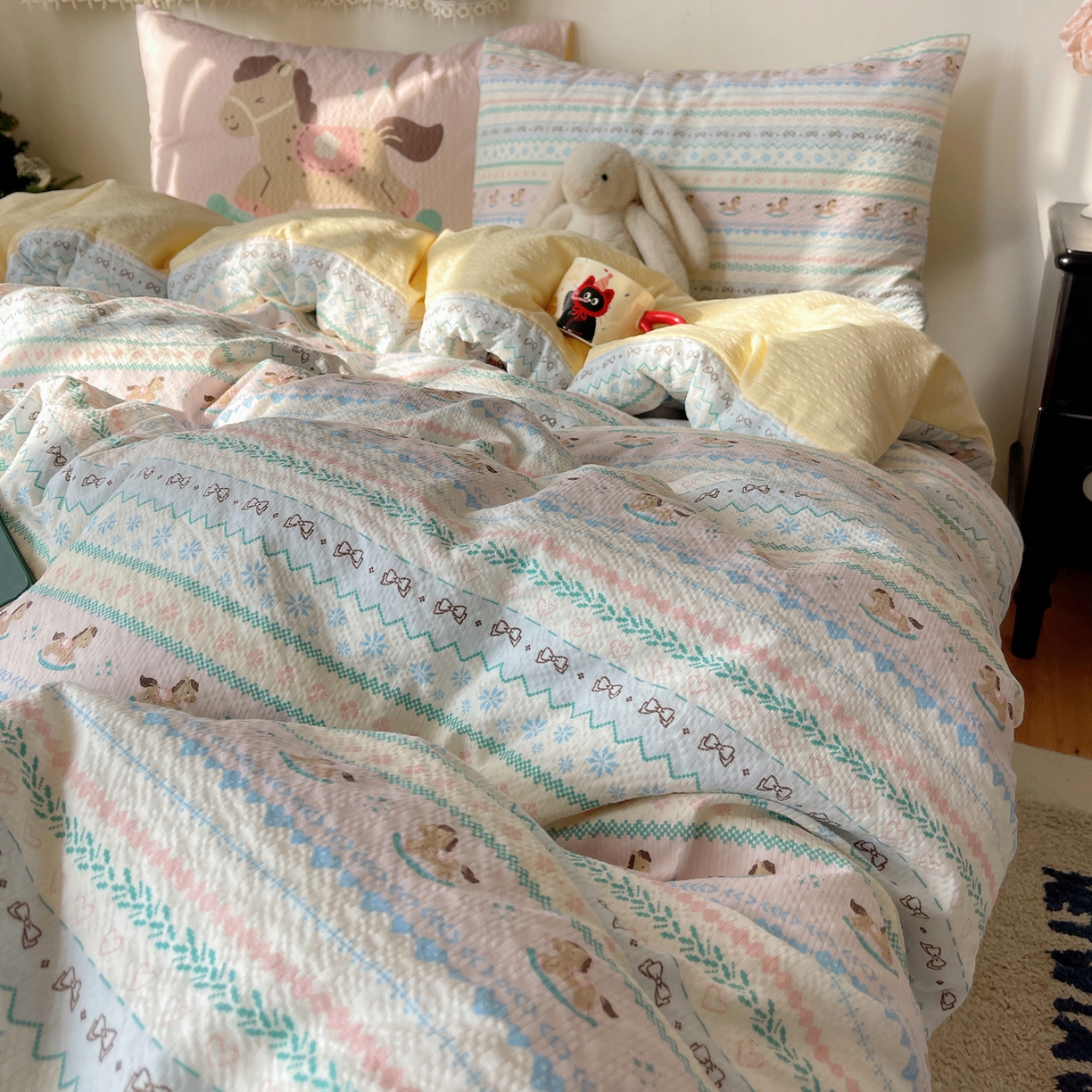 91家纺网 家纺一手货源 找家纺 顾里家纺 2026新款韩风费尔岛系大版皱皱纱四件套【会员-2元 定制床笠+8元（小四件不做床笠）】 少女小马