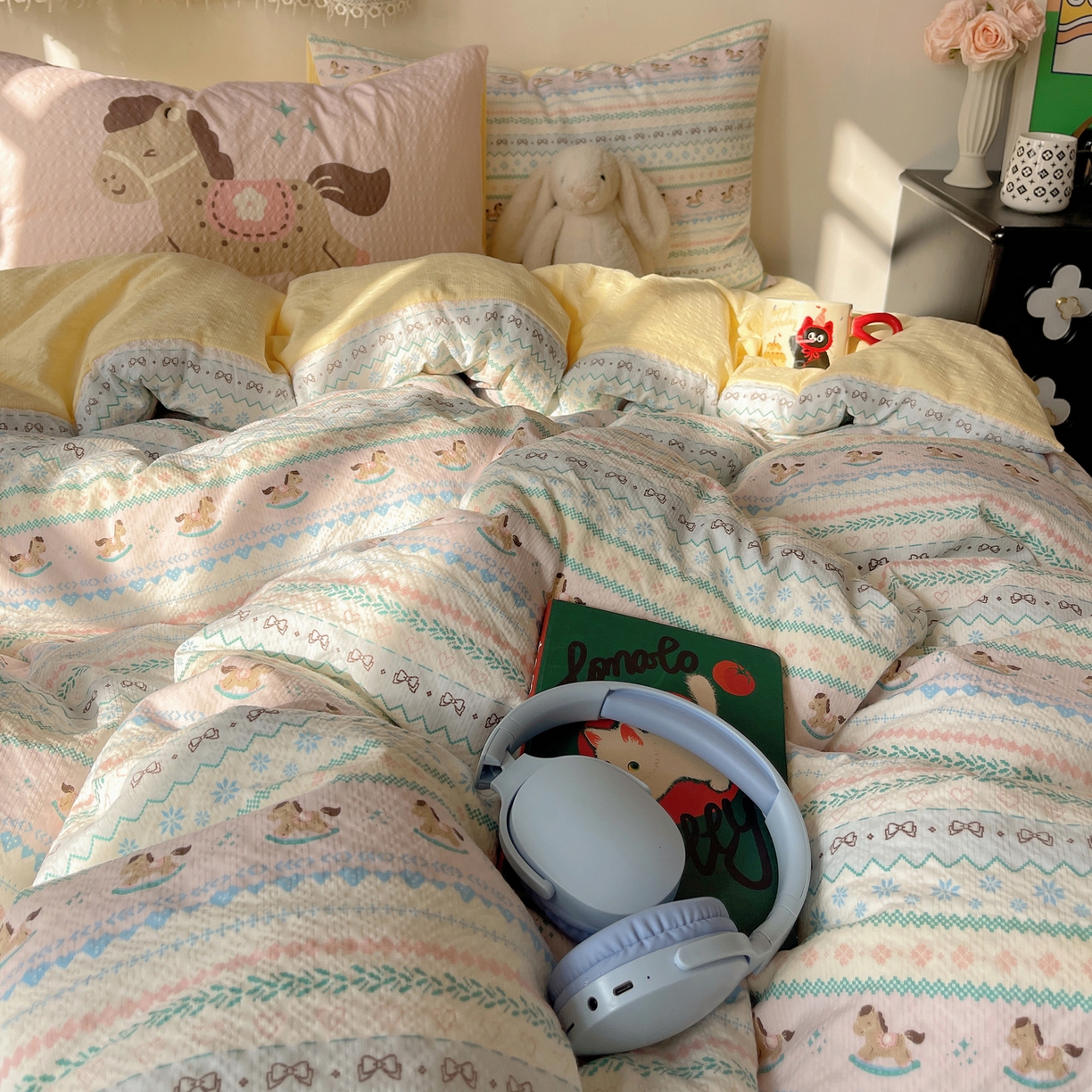 91家纺网 家纺一手货源 找家纺 顾里家纺 2026新款韩风费尔岛系大版皱皱纱四件套【会员-2元 定制床笠+8元（小四件不做床笠）】 少女小马