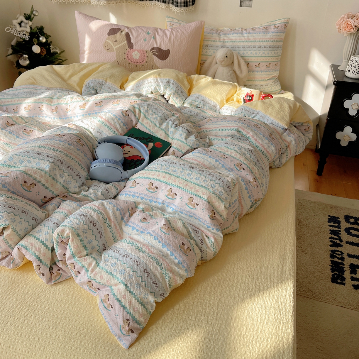 91家纺网 家纺一手货源 找家纺 顾里家纺 2026新款韩风费尔岛系大版皱皱纱四件套【会员-2元 定制床笠+8元（小四件不做床笠）】 少女小马