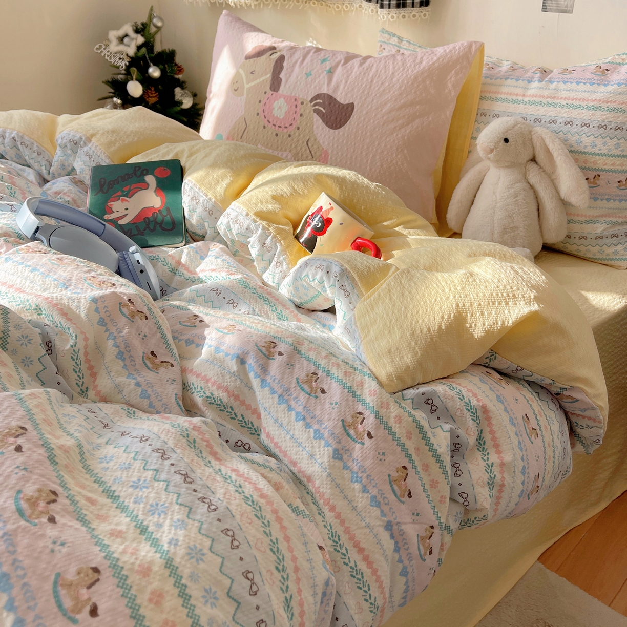 91家纺网 家纺一手货源 找家纺 顾里家纺 2026新款韩风费尔岛系大版皱皱纱四件套【会员-2元 定制床笠+8元（小四件不做床笠）】 少女小马