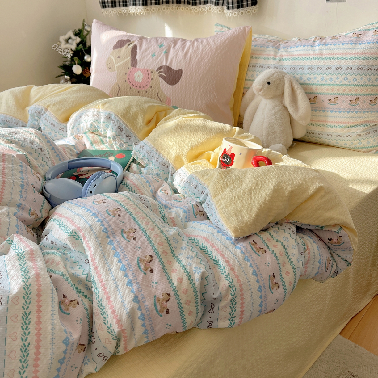 91家纺网 家纺一手货源 找家纺 顾里家纺 2026新款韩风费尔岛系大版皱皱纱四件套【会员-2元 定制床笠+8元（小四件不做床笠）】 少女小马