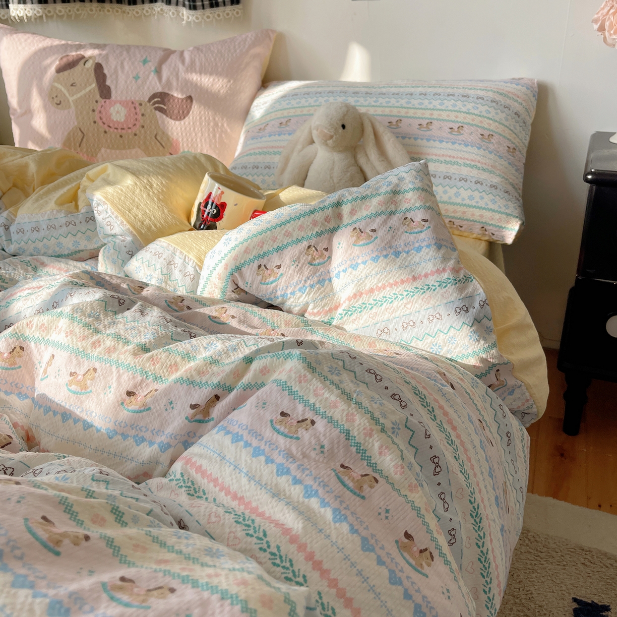 91家纺网 家纺一手货源 找家纺 顾里家纺 2026新款韩风费尔岛系大版皱皱纱四件套【会员-2元 定制床笠+8元（小四件不做床笠）】 少女小马