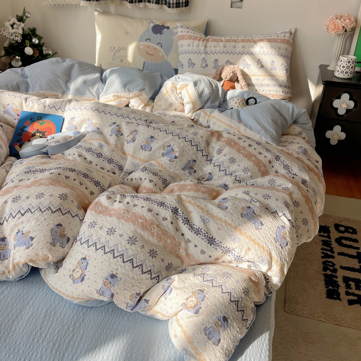 顾里家纺 2026新款韩风费尔岛系大版皱皱纱四件套【会员-2元 定制床笠+8元（小四件不做床笠）】 天使木马