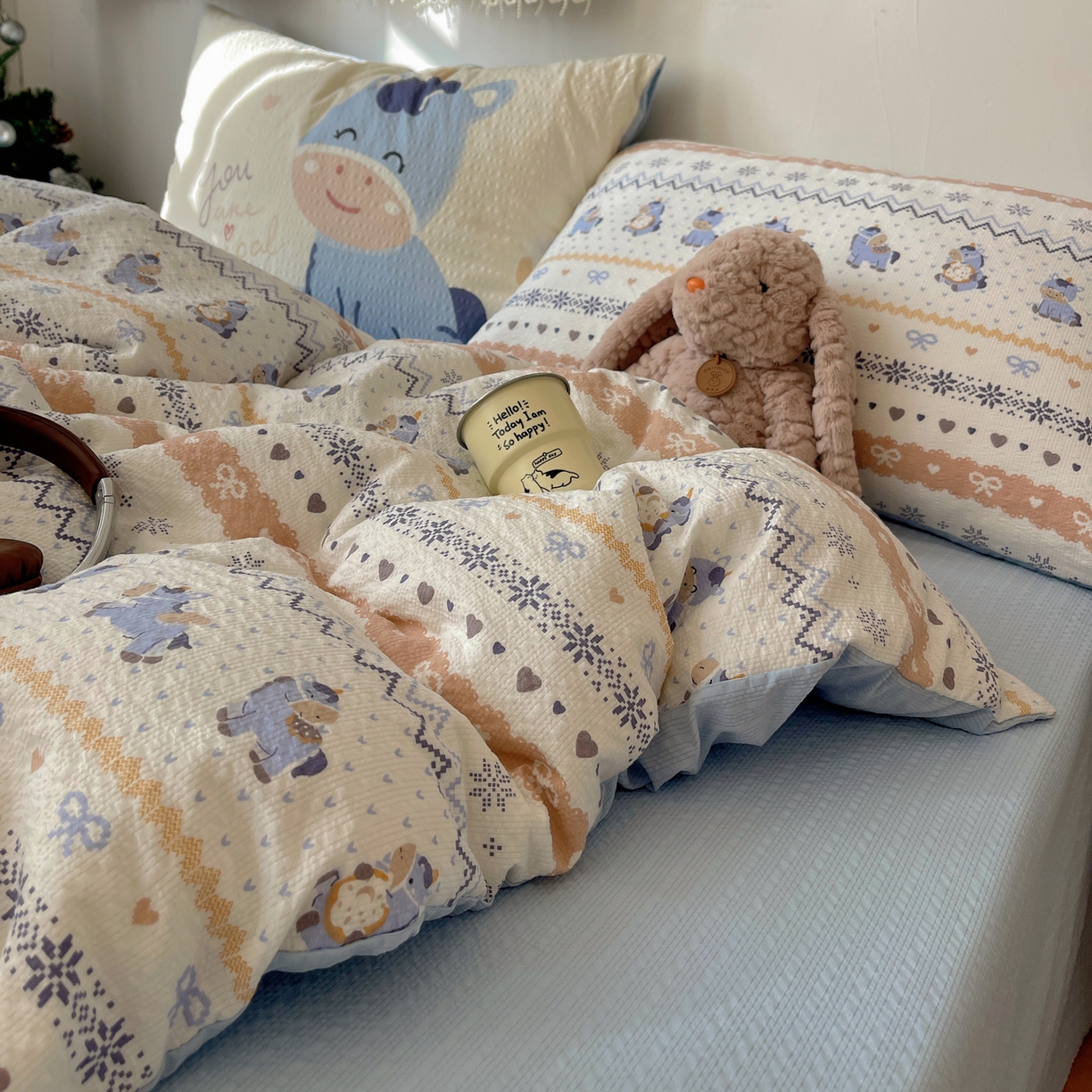 91家纺网 家纺一手货源 找家纺 顾里家纺 2026新款韩风费尔岛系大版皱皱纱四件套【会员-2元 定制床笠+8元（小四件不做床笠）】 天使木马