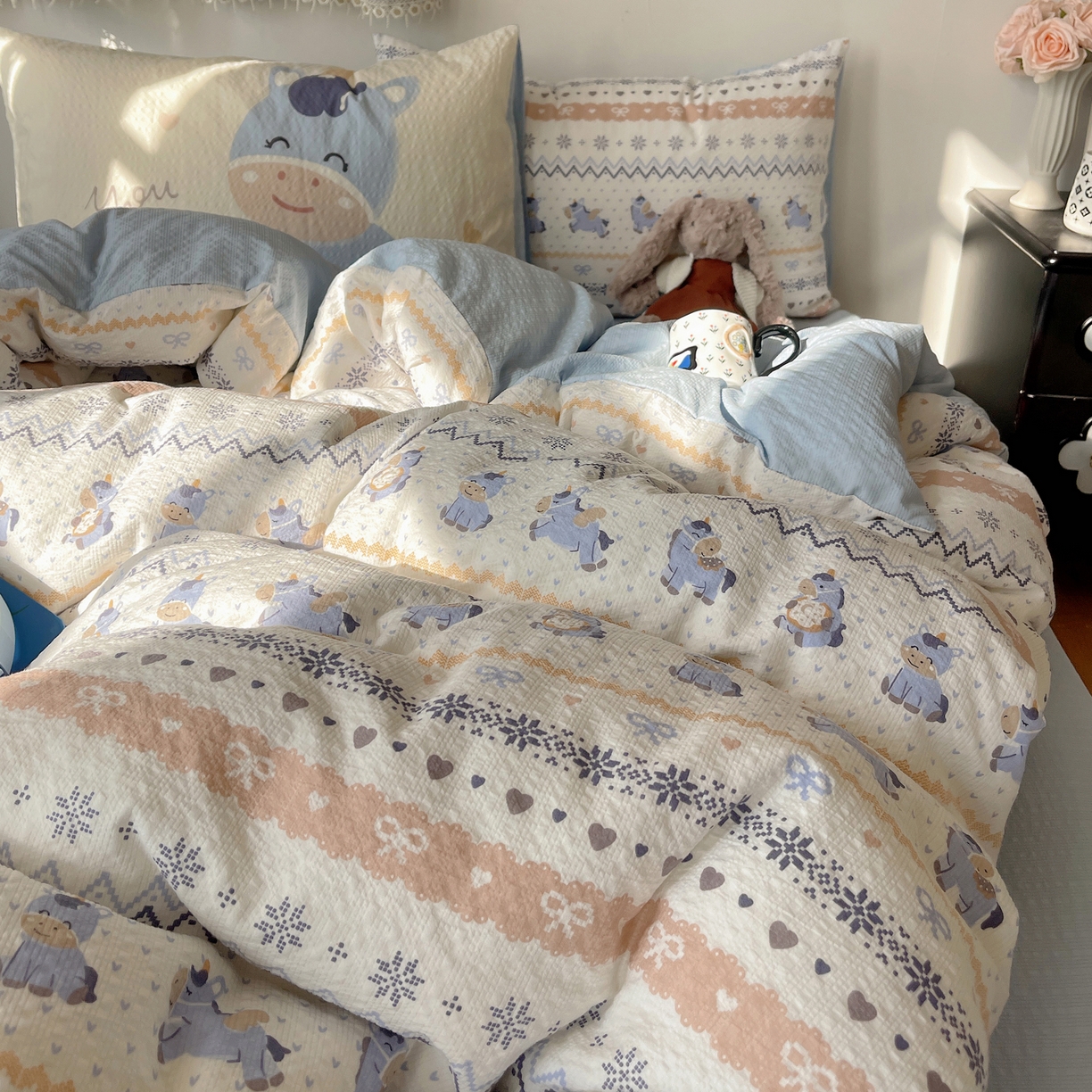 91家纺网 家纺一手货源 找家纺 顾里家纺 2026新款韩风费尔岛系大版皱皱纱四件套【会员-2元 定制床笠+8元（小四件不做床笠）】 天使木马