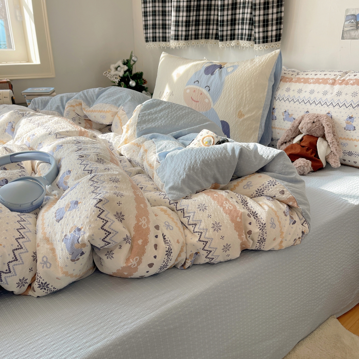 91家纺网 家纺一手货源 找家纺 顾里家纺 2026新款韩风费尔岛系大版皱皱纱四件套【会员-2元 定制床笠+8元（小四件不做床笠）】 天使木马