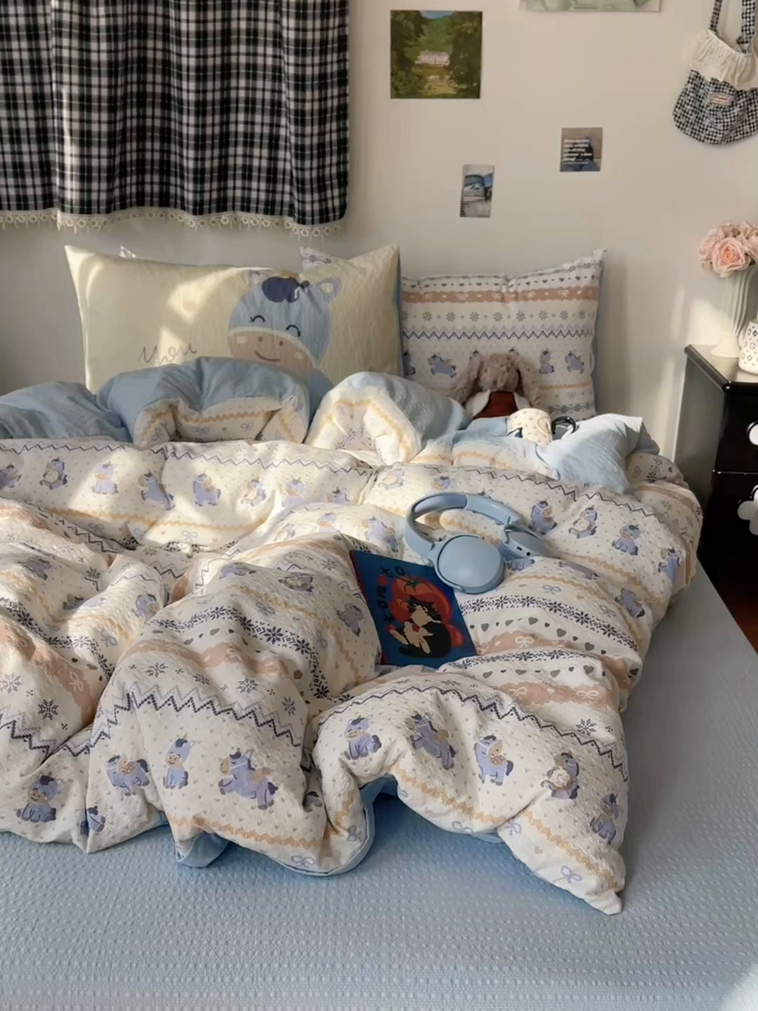 91家纺网 家纺一手货源 找家纺 顾里家纺 2026新款韩风费尔岛系大版皱皱纱四件套【会员-2元 定制床笠+8元（小四件不做床笠）】 天使木马