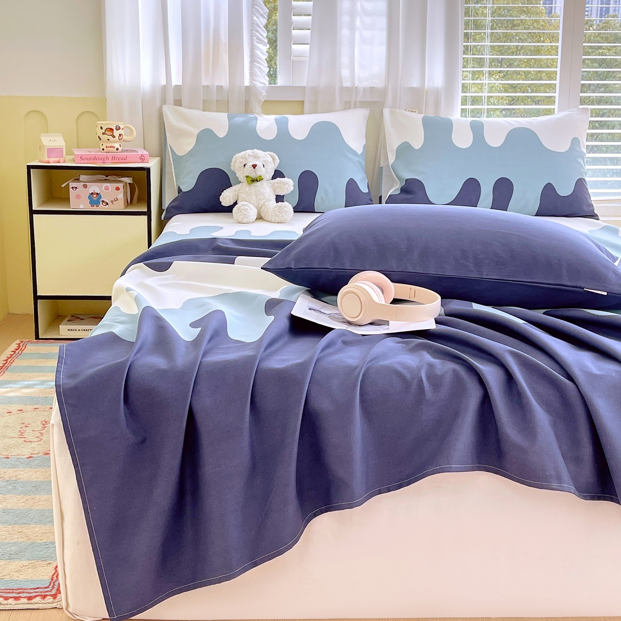 91家纺网 家纺一手货源 找家纺 金鑫汇家纺 2026新款全棉老粗布单品枕套系列 奶油蓝