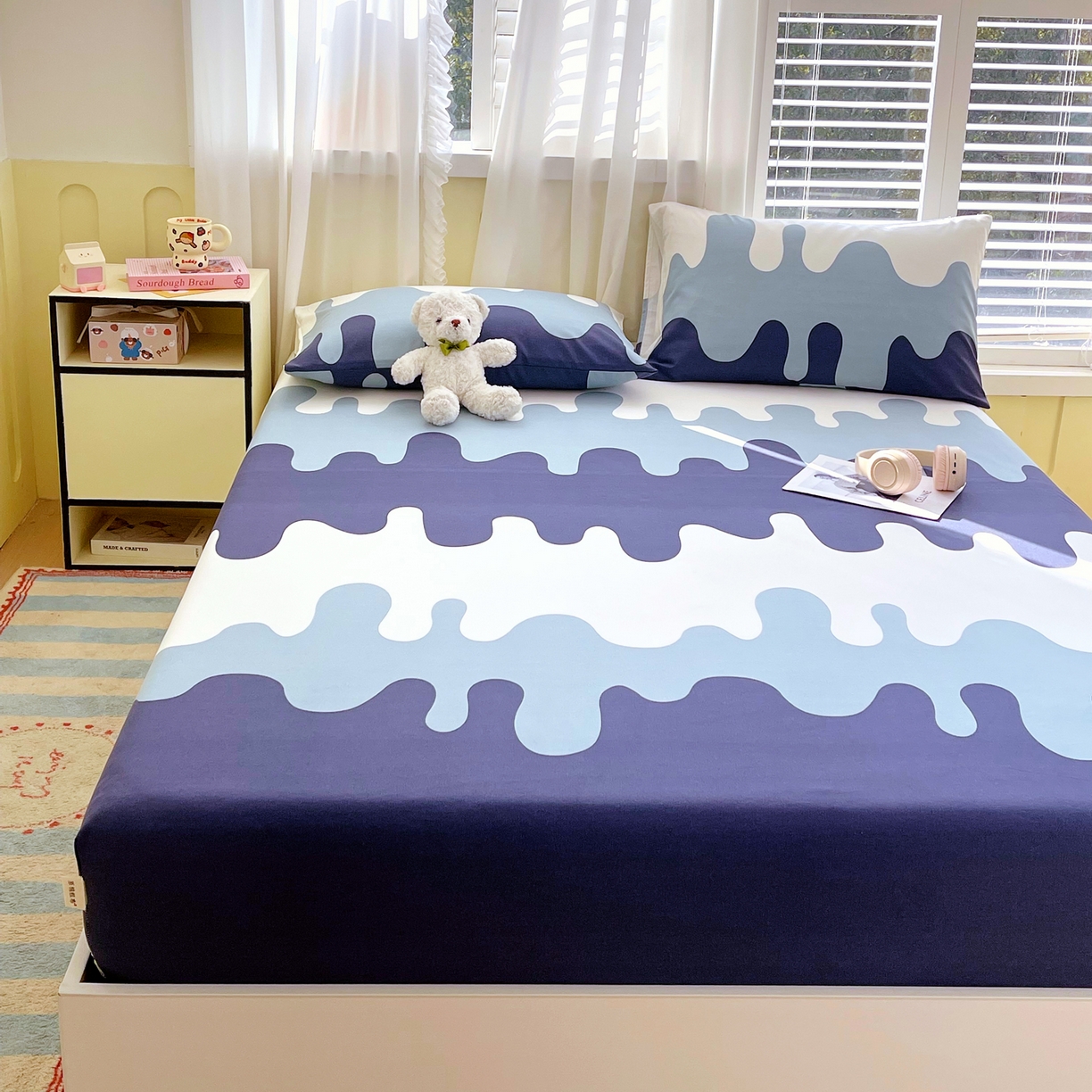 91家纺网 家纺一手货源 找家纺 金鑫汇家纺 2026新款全棉老粗布单品床笠系列 奶油蓝