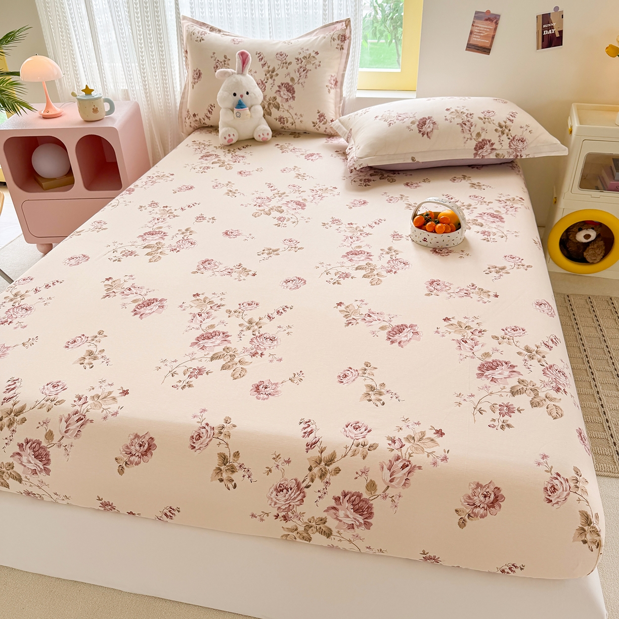 91家纺网 家纺一手货源 找家纺 壹贝家纺 2026新款全棉印花床笠系列 蔷薇