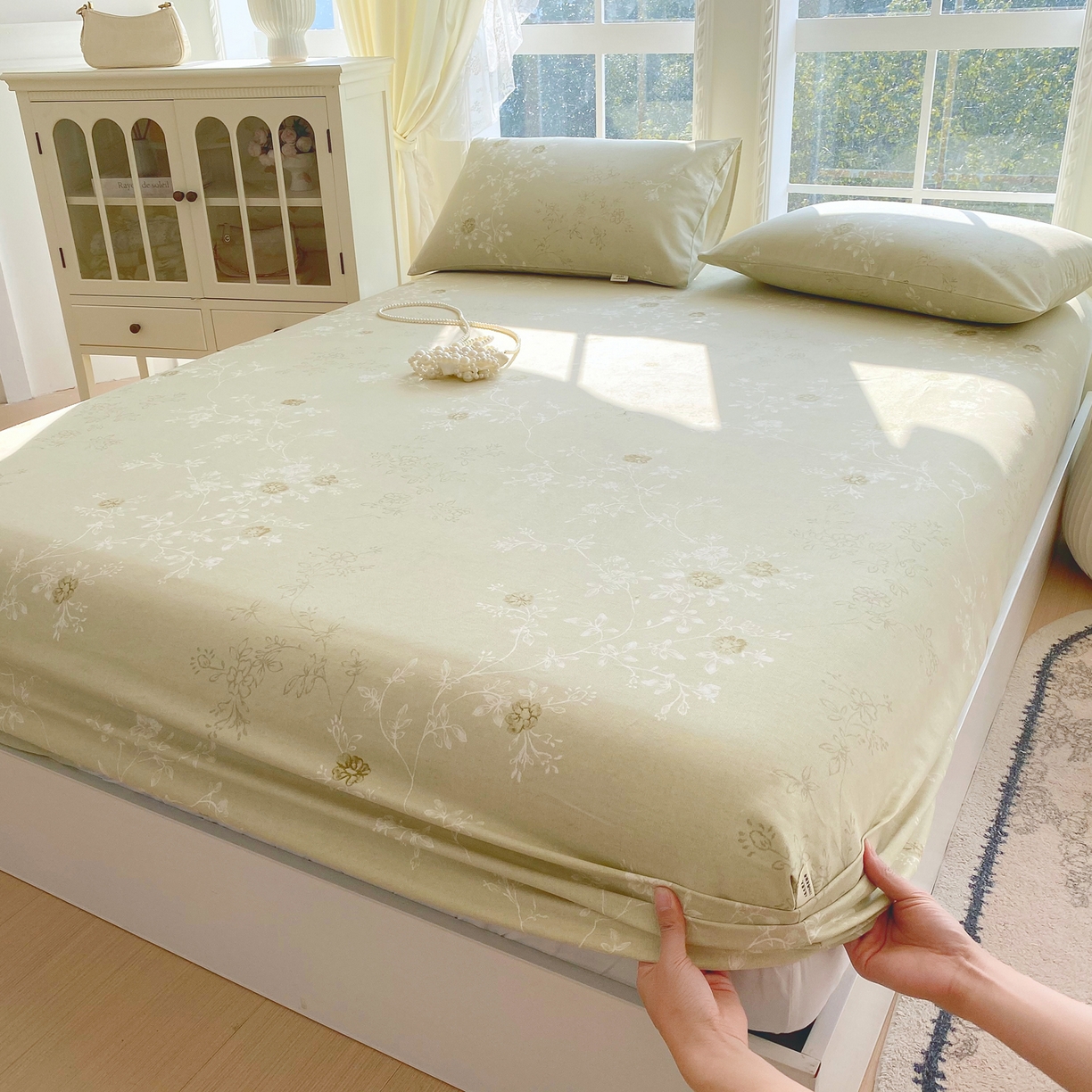 91家纺网 家纺一手货源 找家纺 金鑫汇家纺 2026新款全棉老粗布单品床笠系列 浅绿可露丽