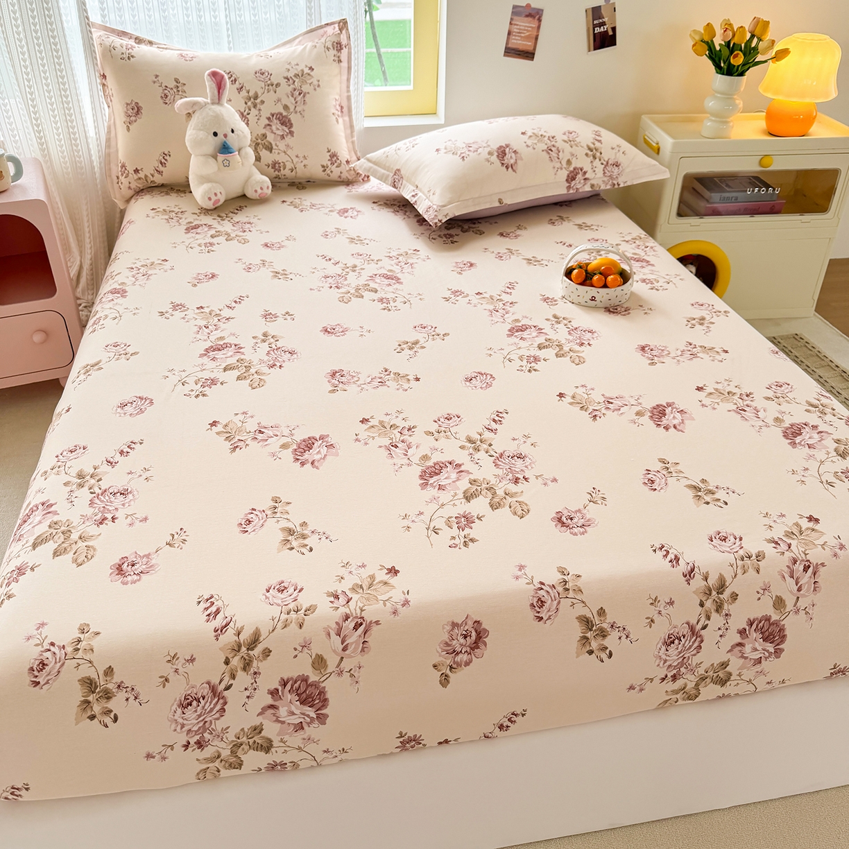 91家纺网 家纺一手货源 找家纺 壹贝家纺 2026新款全棉印花床笠系列 蔷薇