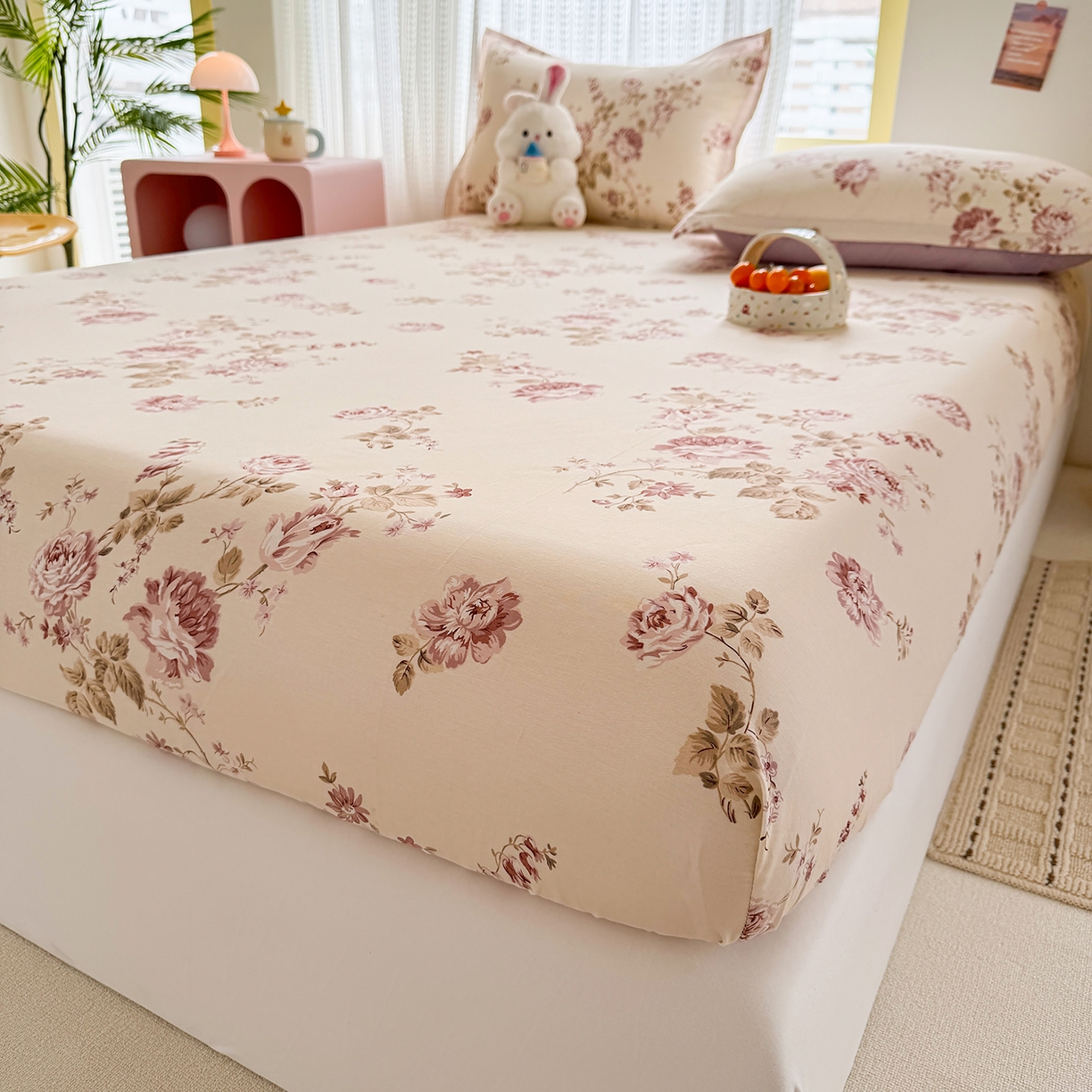 91家纺网 家纺一手货源 找家纺 壹贝家纺 2026新款全棉印花床笠系列 蔷薇