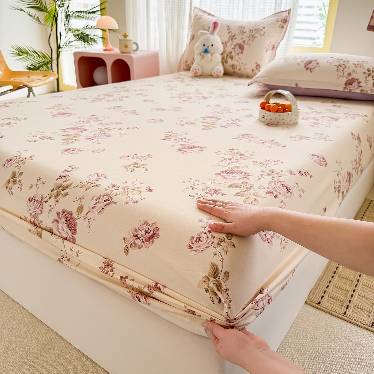 91家纺网 家纺一手货源 找家纺 壹贝家纺 2026新款全棉印花床笠系列 蔷薇