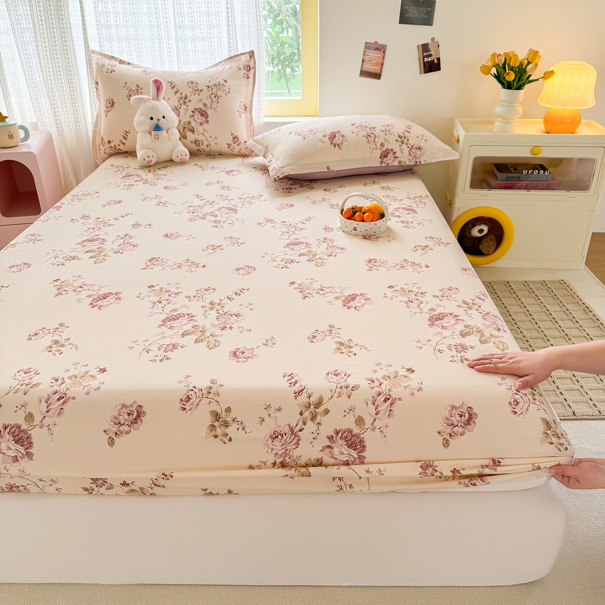 91家纺网 家纺一手货源 找家纺 壹贝家纺 2026新款全棉印花床笠系列 蔷薇